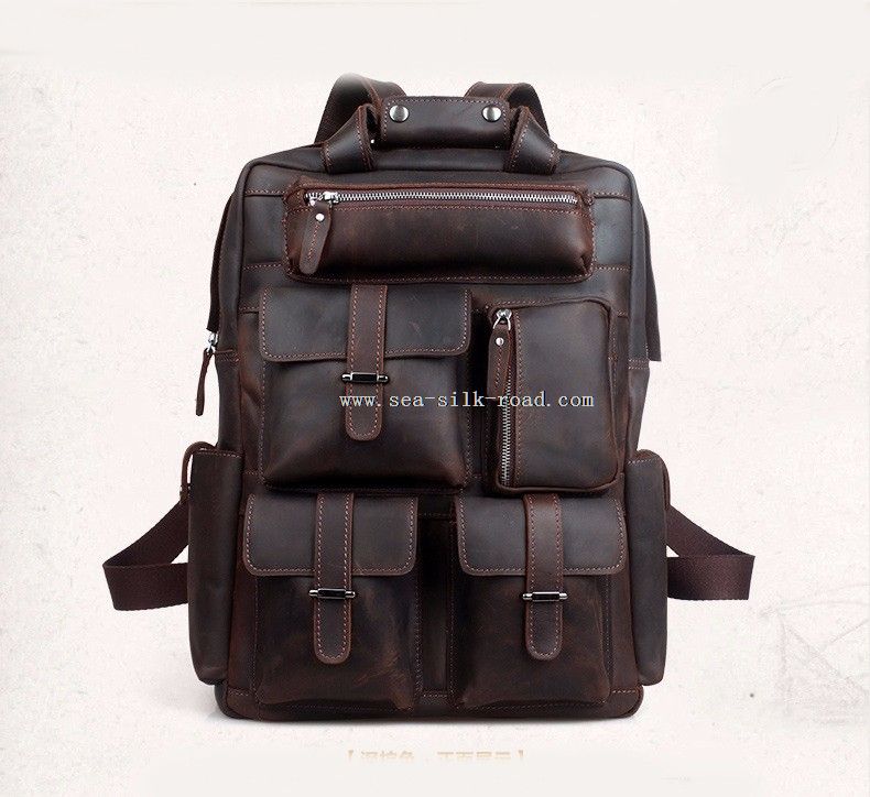 mochila de couro de vaca com compartimento de portátil
