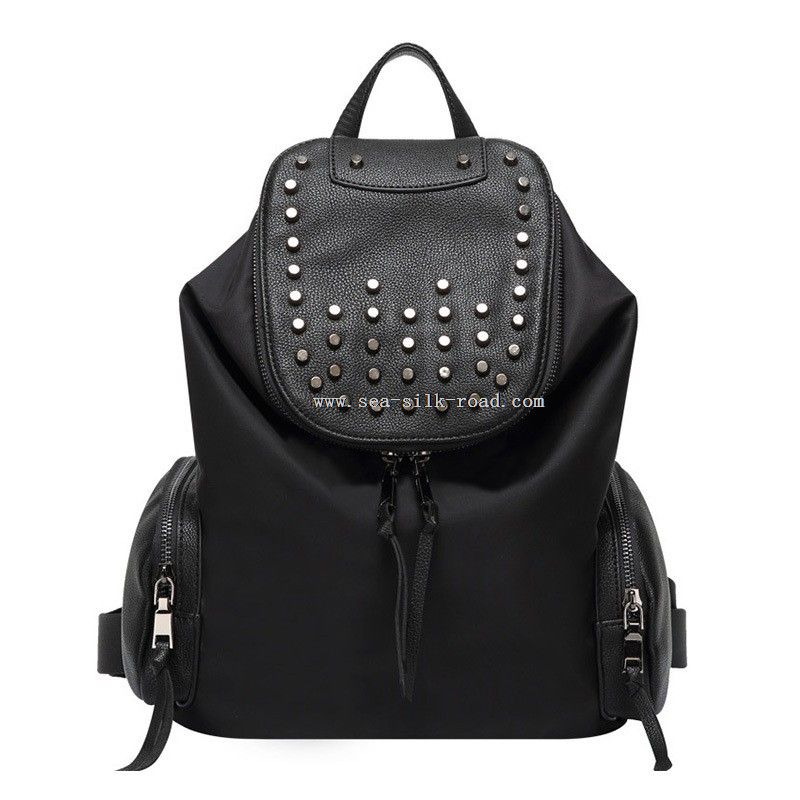 Nylon Fashion Black Backpack With Rivets