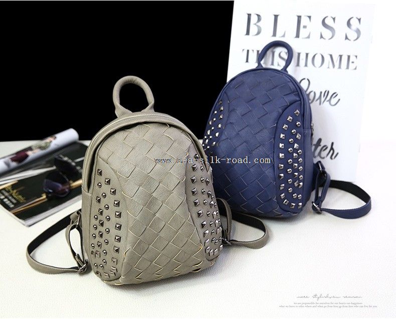 Woven Pu Backpack With Metal Rivets