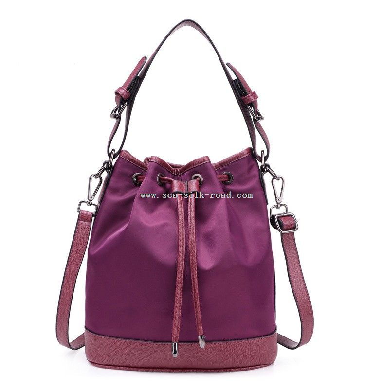 Nylon Bucket Bag With Pu Shoulder Strap And Drawstring