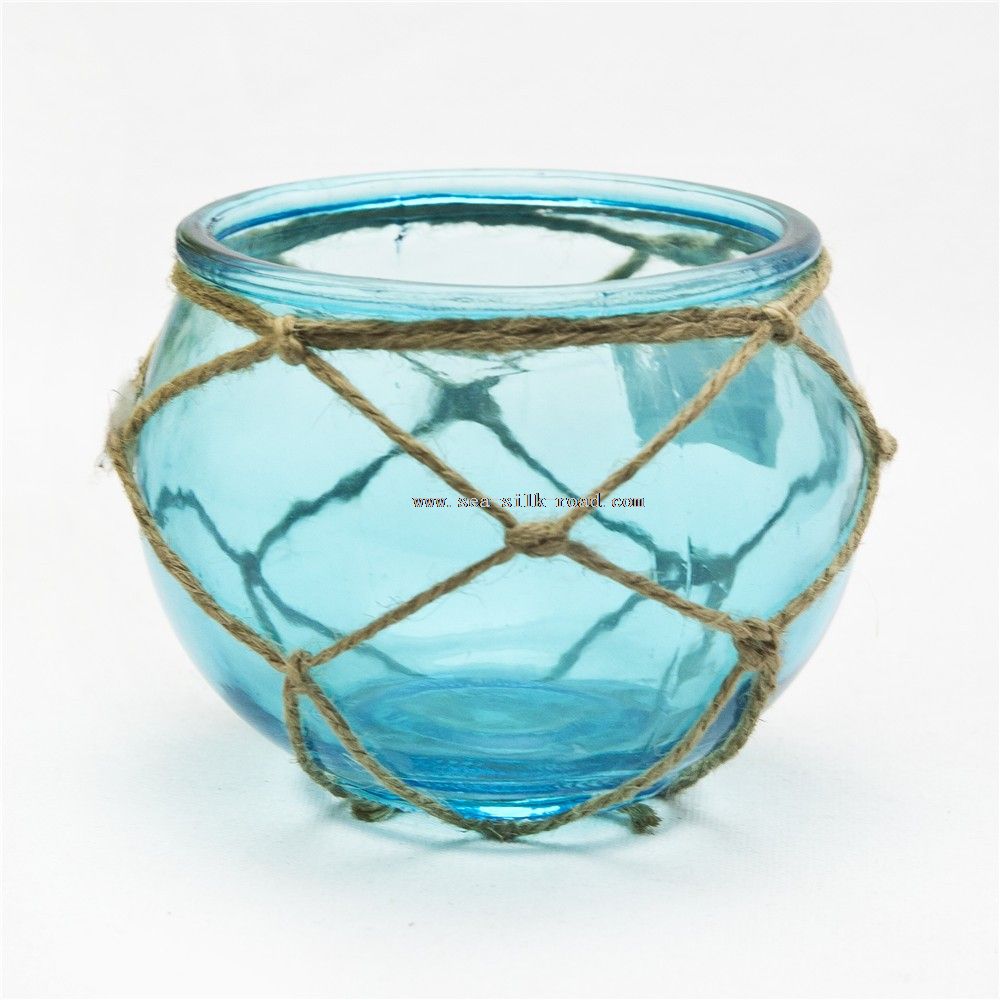 Decorative clear candle holder cup with hemp rope