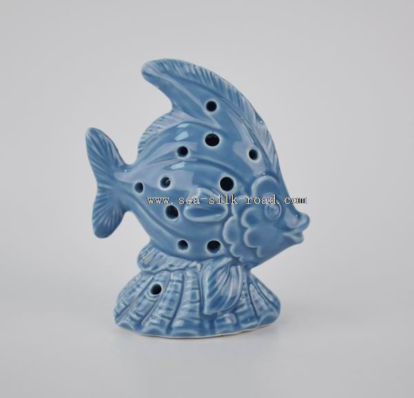 POISSON EN PORCELAINE BLEUE AVEC LUMIÈRE LED