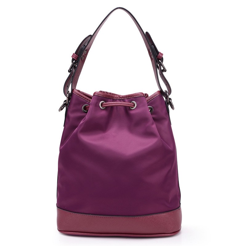 Nylon Bucket Bag With Pu Shoulder Strap And Drawstring