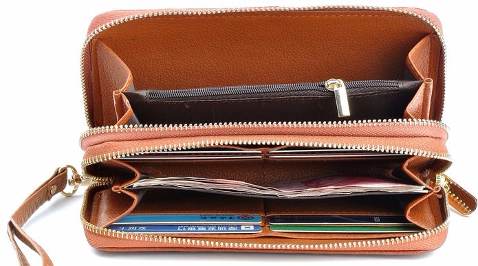 Kvinnor dubbel ziper läder plånbok